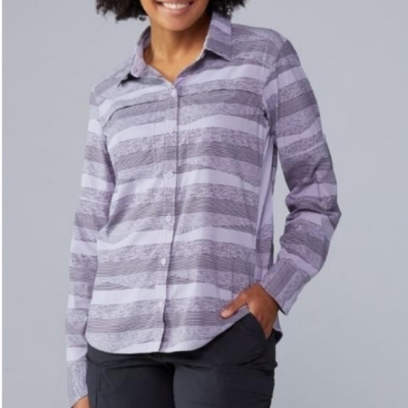 REl Co-op Sahara Pattern Purple Grey Button-Up Long-Sleeve Nylon Shirt Hiking L - Picture 1 of 16